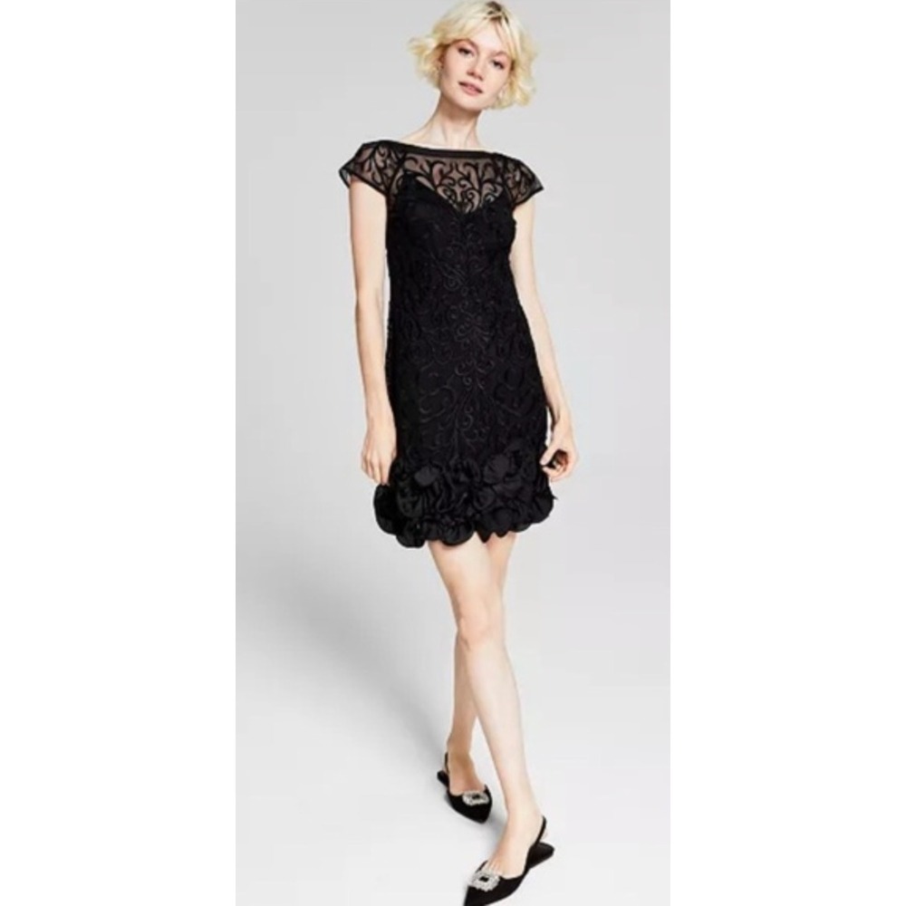 Guess Embroidered Lace Overlay Short Sleeve Cocktail Sheath Dress Black Size‎ 10